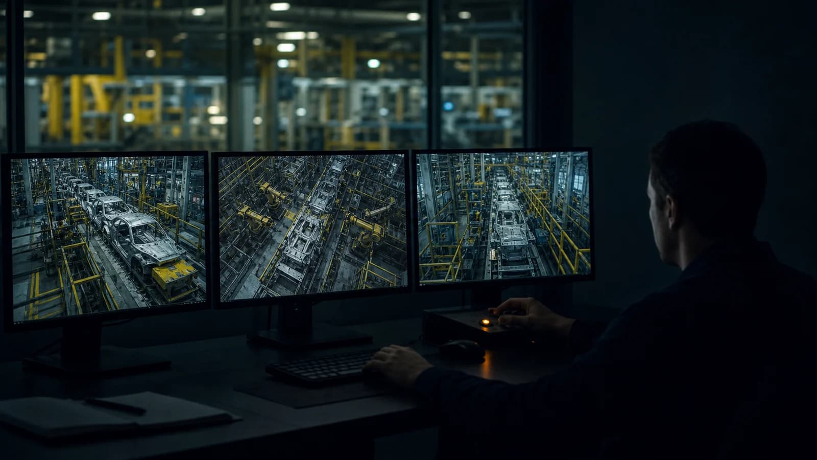 Analista revisando diferentes ângulos de uma linha industrial