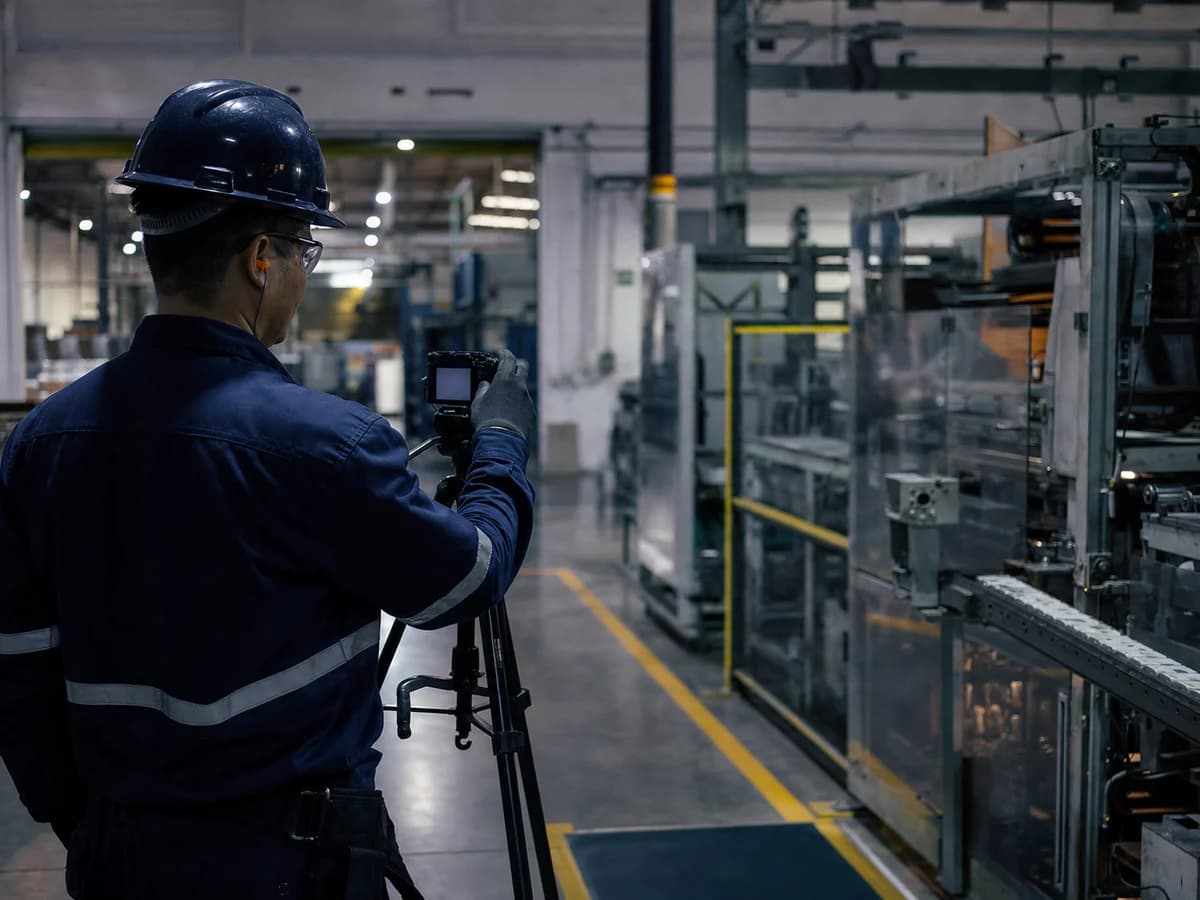 Profissional registrando uma linha industrial com câmera